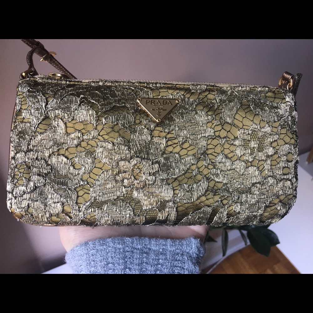 Prada vintage olive lace and satin clutch